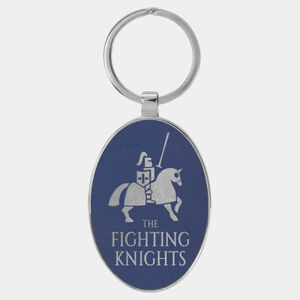 Personalized 3" x 1 3/4" Laserable Leatherette/Metal Blue/Silver Oval Keychain Thumbnail