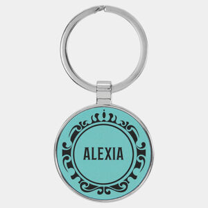 Personalized 1 1/2" Laserable Leatherette/Metal Teal Round Keychain Thumbnail