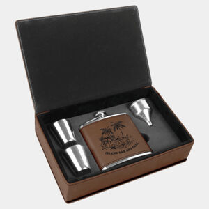 Personalized 6 oz. Dark Brown Laserable Leatherette Flask Gift Set Thumbnail