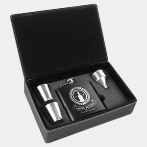 Personalized 6 oz. Black Stainless Steel Flask Set in Black/Silver Laserable Leatherette Box Thumbnail