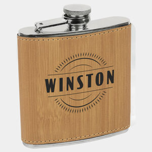 Personalized 6 oz. Bamboo Laserable Leatherette Stainless Steel Flask Thumbnail