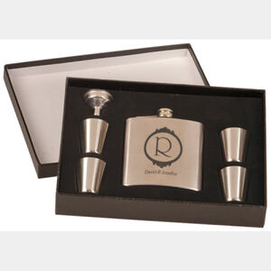 Personalized 6 oz. Stainless Steel Flask Set in Black Presentation Box Thumbnail