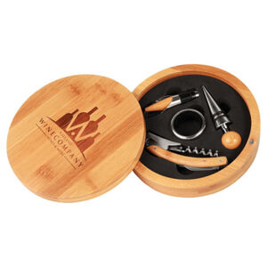 Personalized 6 1/4" Round Bamboo 4-Piece Wine Tool Set Thumbnail