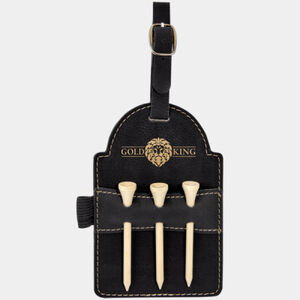Personalized 5" x 3 1/4" Black/Gold Laserable Leatherette Golf Bag Tag with 3 Wooden Tees Thumbnail