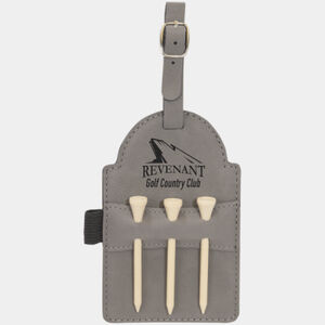 Personalized 5" x 3 1/4" Gray Laserable Leatherette Golf Bag Tag with 3 Wooden Tees Thumbnail