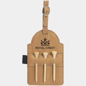 Personalized 5" x 3 1/4" Bamboo Laserable Leatherette Golf Bag Tag with 3 Wooden Tees Thumbnail