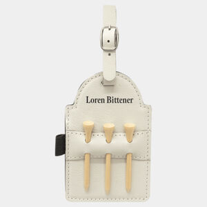 Personalized 5" x 3 1/4" White Laserable Leatherette Golf Bag Tag with 3 Wooden Tees Thumbnail