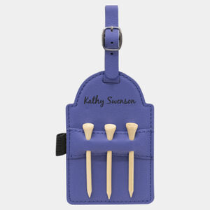 Personalized 5" x 3 1/4" Purple Laserable Leatherette Golf Bag Tag with 3 Wooden Tees Thumbnail