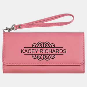 Personalized 7 1/2" x 4" Pink Laserable Leatherette Wallet with Strap Thumbnail