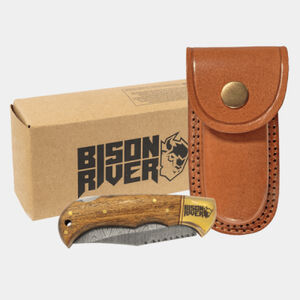 Personalized Bison River 3 3/4" Wood Folding Knife with Damascus Steel Blade and Leather Sheath Thumbnail