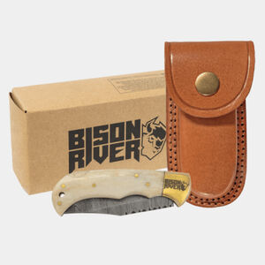 Personalized Bison River 3 3/4" Bone Folding Knife with Damascus Steel Blade and Leather Sheath Thumbnail