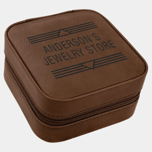 Personalized 4" X 4" Dark Brown Laserable Leatherette Travel Jewelry Box with Tan Lining Thumbnail