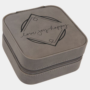 Personalized 4" X 4" Gray Laserable Leatherette Travel Jewelry Box with Tan Lining Thumbnail