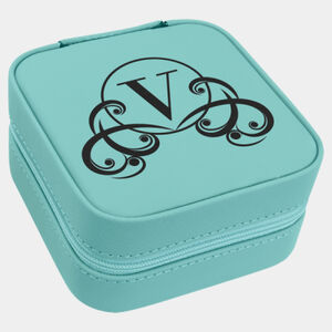 Personalized 4" X 4" Teal Laserable Leatherette Travel Jewelry Box with Tan Lining Thumbnail