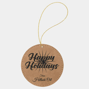 Personalized Light Brown Laserable Leatherette Round Ornament with Gold String Thumbnail