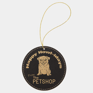 Personalized Black/Gold Laserable Leatherette Round Ornament with Gold String Thumbnail