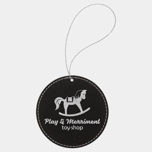 Personalized Black/Silver Laserable Leatherette Round Ornament with Silver String Thumbnail