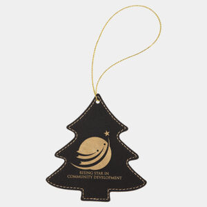 Personalized Black/Gold Laserable Leatherette Tree Ornament with Gold String Thumbnail