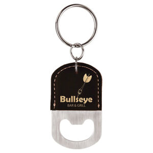 Oval Black/Gold Laserable Leatherette Bottle Opener Keychain Thumbnail