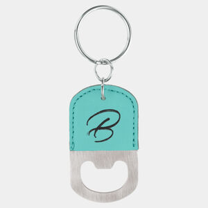 Oval Teal Laserable Leatherette Bottle Opener Keychain Thumbnail