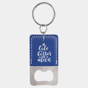 Rectangle Blue/Silver Laserable Leatherette Bottle Opener Keychain Thumbnail